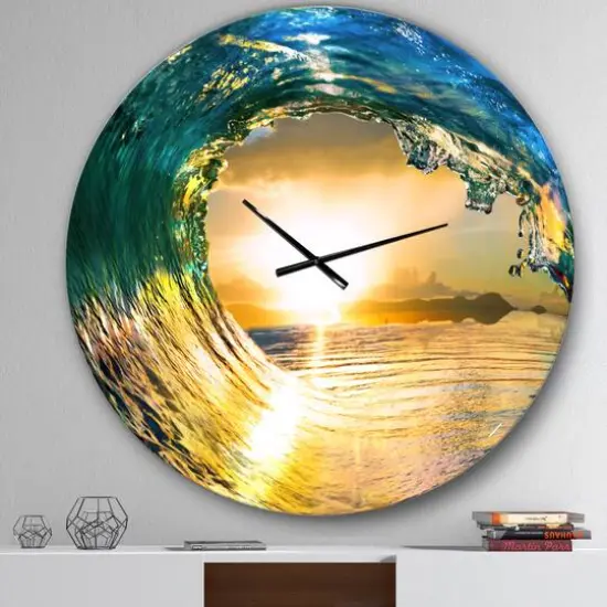 Designart 'Colored Ocean Waves Falling Down Ii Coastal Wall Clock {3}
