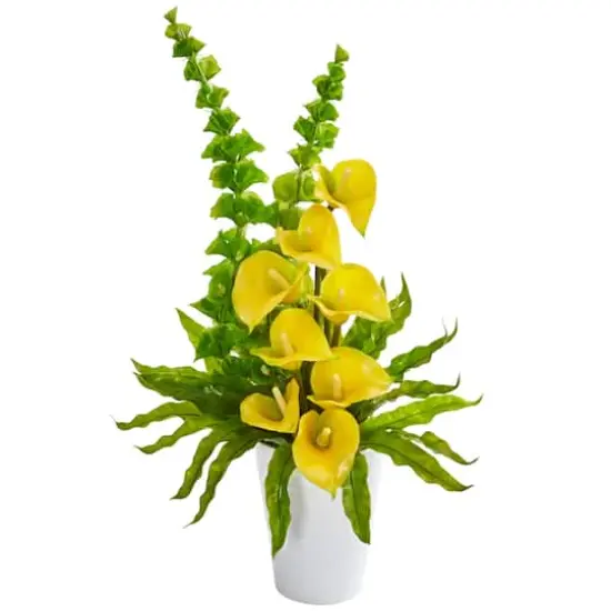 23" Calla Lily & Bells of Ireland Artificial Arrangement in White Container Yellow {1}