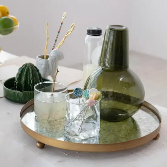 Hello Honey&reg; 13.75" Gold Footed Metal Antiqued Mirror Tray {7}