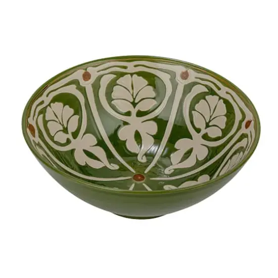 Hello Honey® 10.5" Green & Brown Hand-Painted Pattern Stoneware Serving Bowl {1}
