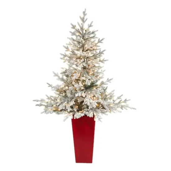 4.75ft. Pre-Lit Flocked Fraser Fir Artificial Christmas Treein Tower Planter, Warm White Lights {1}