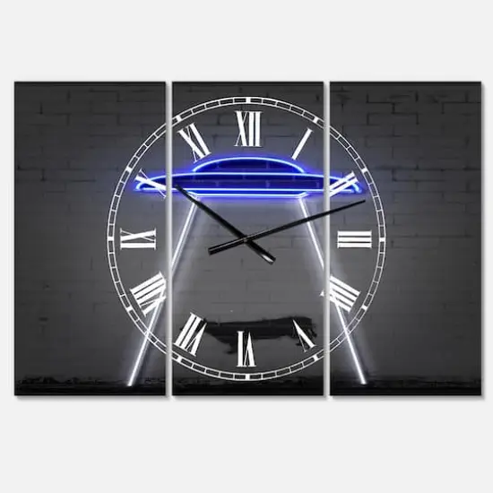 Designart Neon UFO Abducting Cow Modern 3 Panel Large Wall Clock {1}