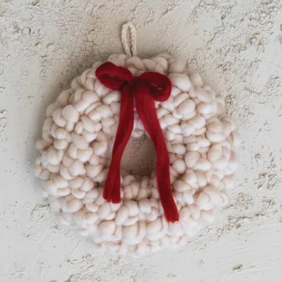 Hello Honey&reg; 11.75" Cream Round Wool Wreath with Red Bow {3}