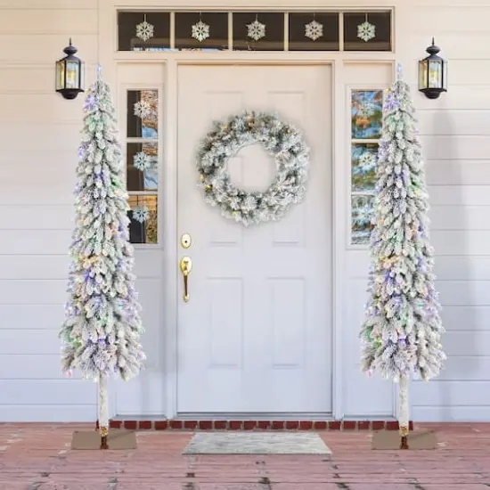 Glitzhome&reg; 7.5ft Pre-Lit Flocked Artificial Christmas Tree, Warm White Lights {5}