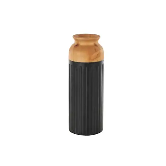 Black Metal Color Block Decorative Vase with Rounded Linear Grooves & Brown Wood Tops, 2ct. {3}