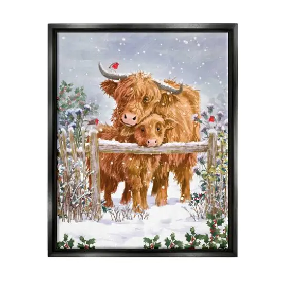 Stupell Industries Winter Cattle Cuddling Snow Scene Framed Floater Canvas Wall Art Black {1}