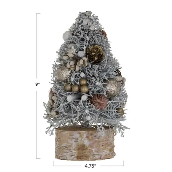 Hello Honey&reg; 9" Frosted Ornaments, Pinecones & Glitter Christmas Tree with Wood Slice Base {4}