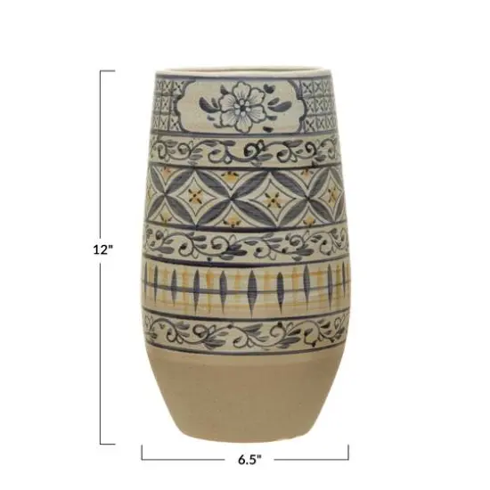 Hello Honey&reg; 12" Blue & Yellow Hand Painted Stoneware Vase {6}