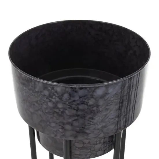 Black Metal Wash Textured Planter with Open Framed Black Caged Base Set {7}