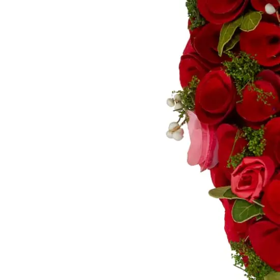 Red and Pink Wooden Rose with White Berries Artificial Wreath 12" {5}