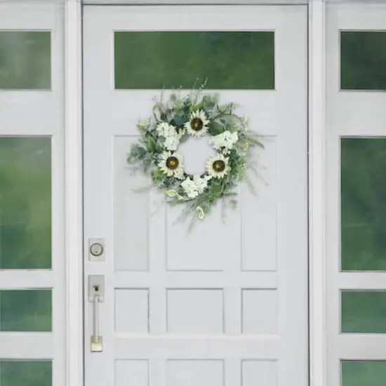 24" White & Green Sunflower & Hydrangea Floral Spring Wreath {4}