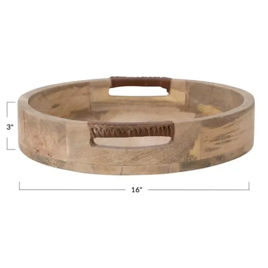Hello Honey&reg; 16" Natural Mango Wood Tray with Leather Wrapped Handles {4}