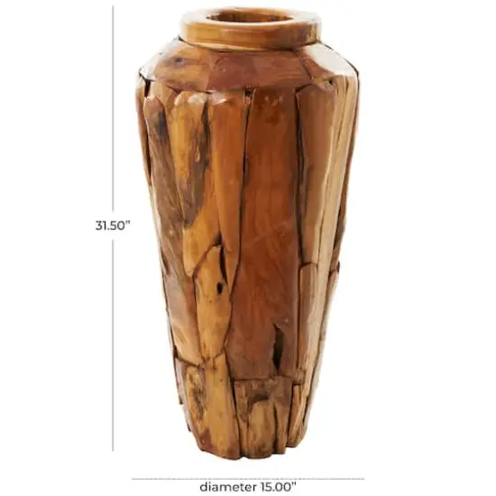 Brown Teak Wood Handmade Tall Floor Vase with Mosaic Live Edge {7}