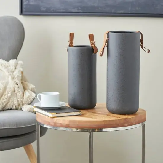 Black Ceramic Vase with Faux Leather Handles Set {3}