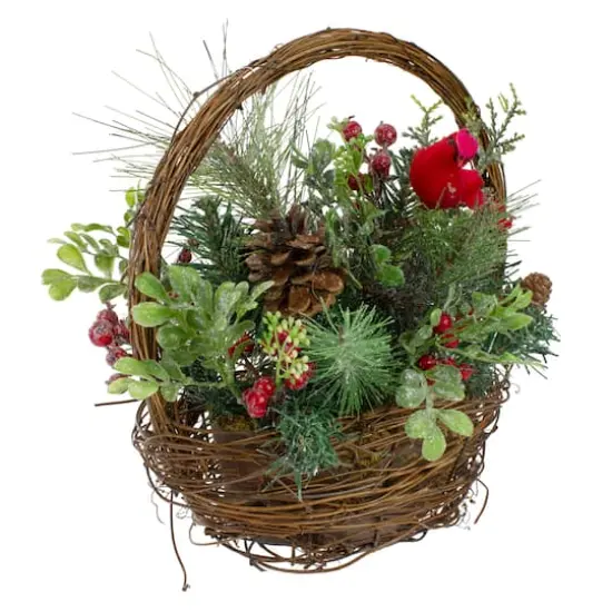 12" Red Cardinal with Foliage in Twig Basket Decoration {9}