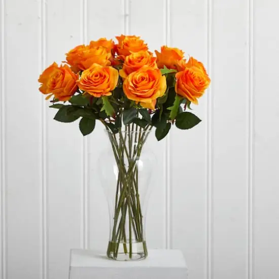 18" Blooming Orange Yellow Roses in Decorative Vase {5}