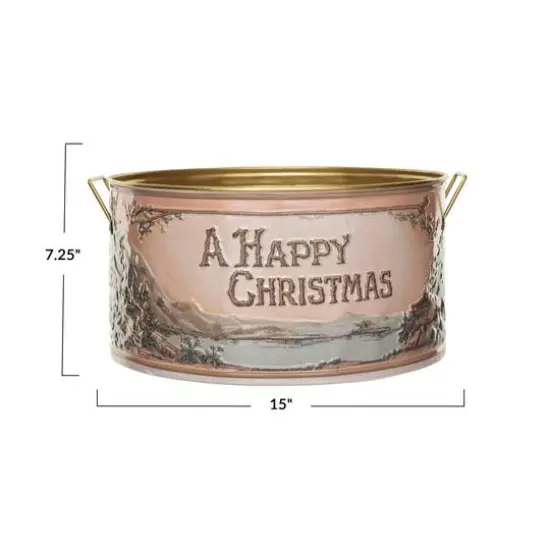 Hello Honey® 15" A Happy Christmas Embossed Metal Bucket with Handles {4}