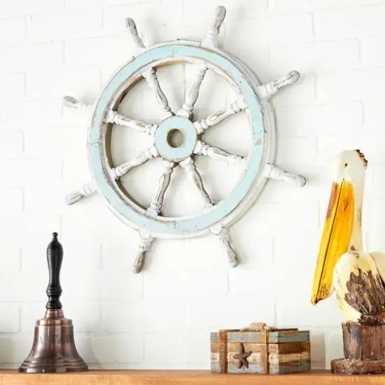 24" White Wood Coastal Ship Wheel Wall Decor {6}