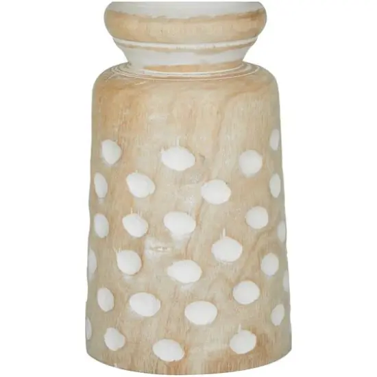 Light Brown Wood Carved Dotted Pillar Candle Holder Set {4}