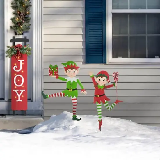 Glitzhome&reg; 3ft. Metal Dancing Elf Yard Stake Set {3}