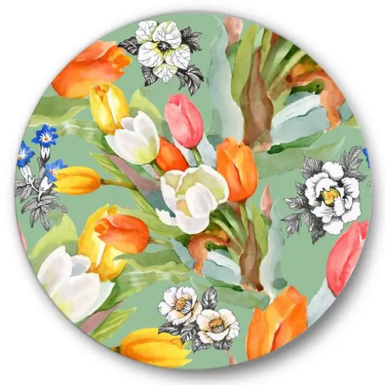 Designart - Blooming White and Orange Tulips III - Traditional Metal Circle Wall Art {1}