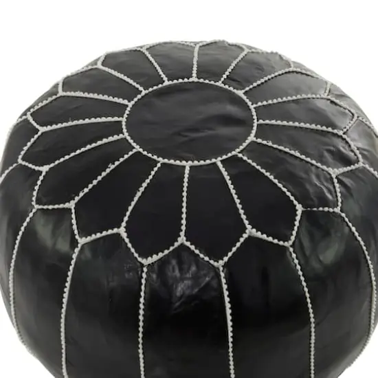 24" Black Leather Moroccan Floral Pouf with White Stitching {4}