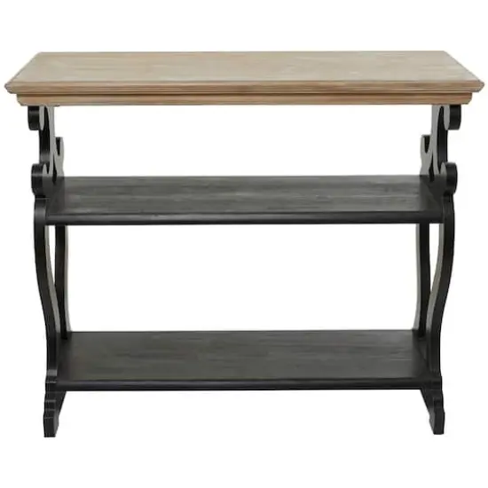 Black Wood Scroll Side Frames 2 Shelves Console Table with Brown Wood Top 38" x 15" x 32" {1}