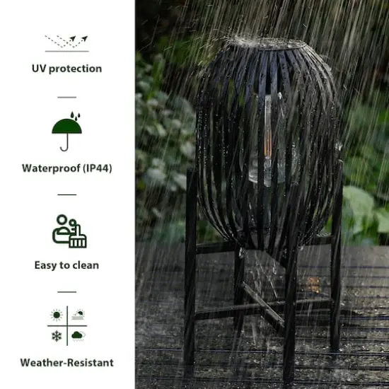 Glitzhome&reg; 14.25" Black Slim Metal Stripes Solar Powered Edison Bulb Outdoor Lantern, 2ct. {7}