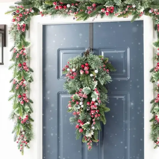 Glitzhome&reg; 28"H Christmas Red Pomegranate Berry & Holy Leaf Teardrop {4}