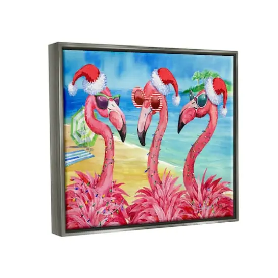 Stupell Industries Holiday Lights Flamingos Beach Gold Framed Floater Canvas Wall Art Gray {4}