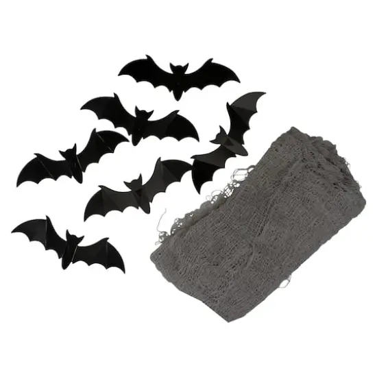 9.75ft. Gray Gauze and Bats Halloween Decoration Kit {1}