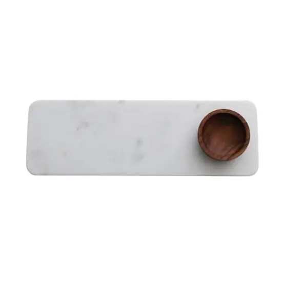 Hello Honey&reg; 15" White Modern Marble Charcuterie Board with Brown Acacia Wood Bowl {5}