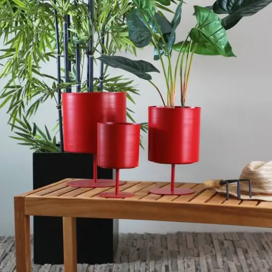 Red Metal Planter with Pedestal Base Set {7}