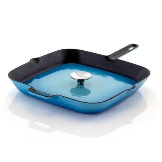 MegaChef 11" Square Blue Enamel Cast Iron Grill Pan with Matching Grill Press {9}