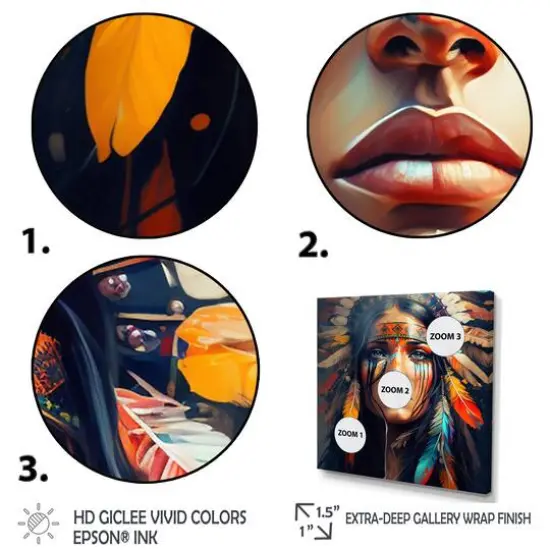 Designart 'Colorful Native American Woman VI' Contemporary Glam Framed Canvas Wall Art Thick Black {4}