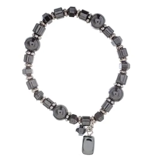 John Bead Hematite Gray Natural Stone Bracelet with Rectangle Charm {5}