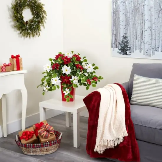 23&rdquo; Poinsettia & Variegated Holly Artificial Plant in Red Decorative Planter {5}