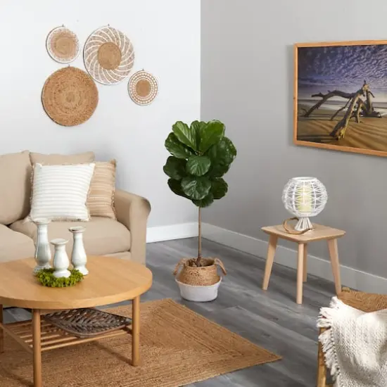 4ft. Fiddle Leaf Artificial Tree in Boho Chic Handmade Cotton & Jute White Woven Planter UV Resistant (Indoor/Outdoor) {5}