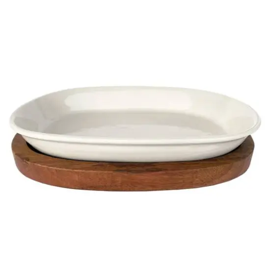 Hello Honey&reg; 13" Cream Stoneware Serving Dish with Natural Mango Wood Base {9}