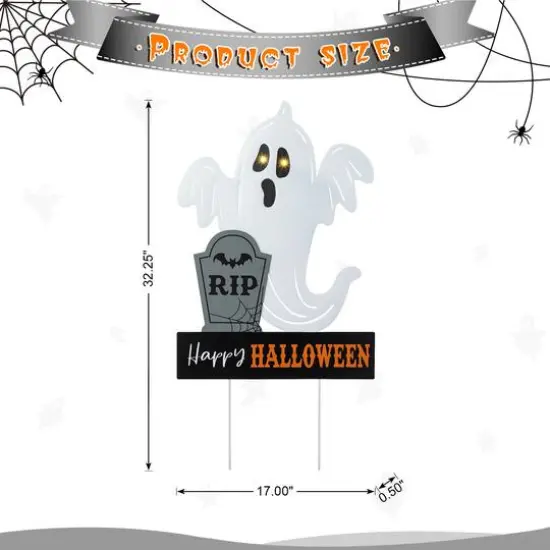 Glitzhome&reg; 32.25"H Lighted Halloween Metal Ghost Tombstone Yard Stake with Timer {9}