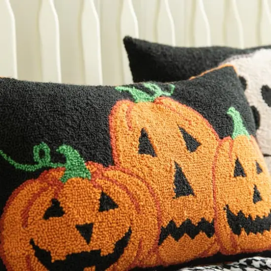 Glitzhome&reg; 18" x 12" Hooked Halloween Pumpkins Pillow {6}