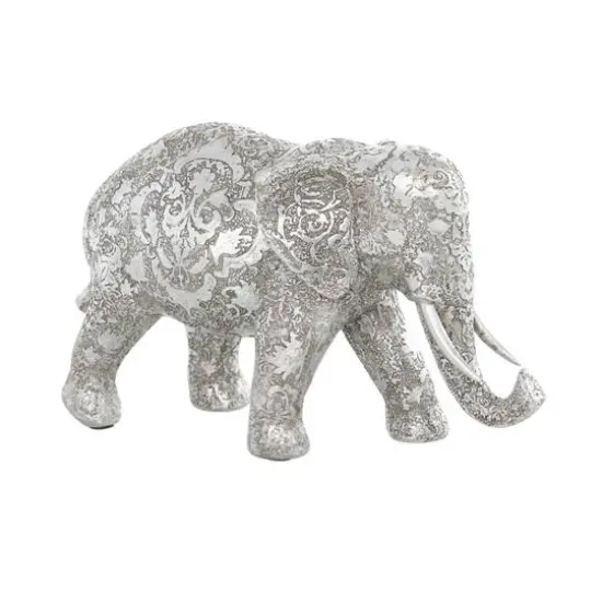 7" Silver Elephant Engraved Floral Sculpture {1}