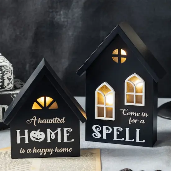 Glitzhome&reg; 8"H Lighted Halloween Wooden House-shaped Table Decor Set {5}