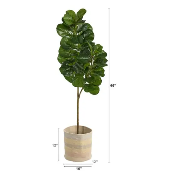 5.5ft. Fiddle Leaf Fig Artificial Tree in Handmade Natural Cotton Multicolored Woven Planter {3}