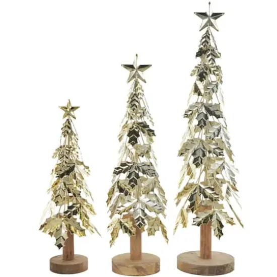 Gold Metal Layered Holly Leaf Christmas Tree Sculpture Set {1}