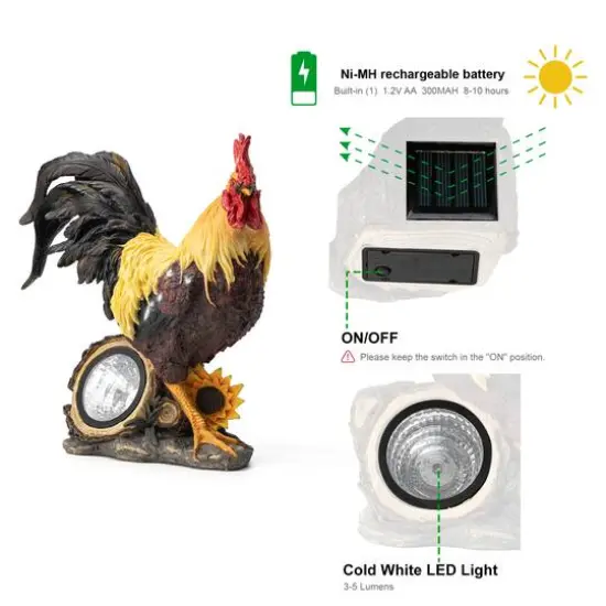 Glitzhome® 13.75" Solar Powered Vibrant Rooster Garden Statue {7}