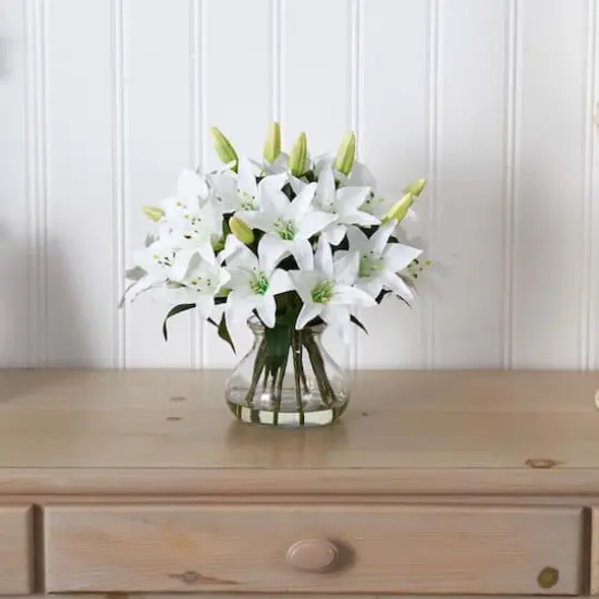 13.5" White Lily Arrangement with Glass Vase {4}