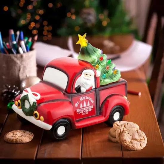 Red Truck Cookie Jar with Lit Green Tree {4}