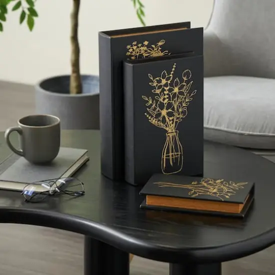 Black & Gold Faux Leather Floral Faux Book Storage Decorative Box Set {10}
