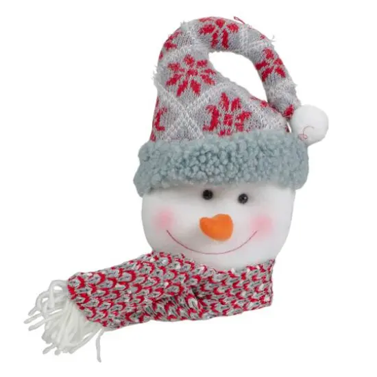 11" Gray & Red Plush Knit Snowman Head Christmas Ornament {1}